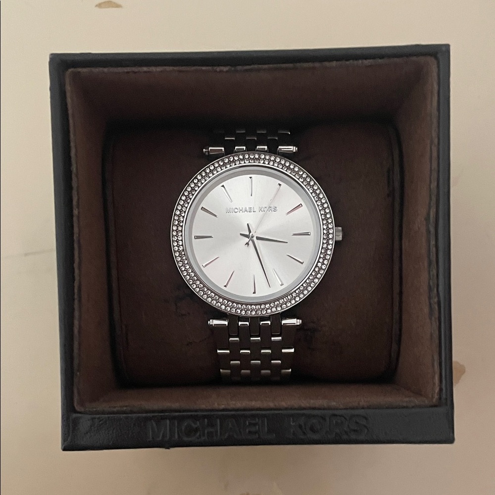 Michael Kors Silver Tone Watch with Crystal Bezel